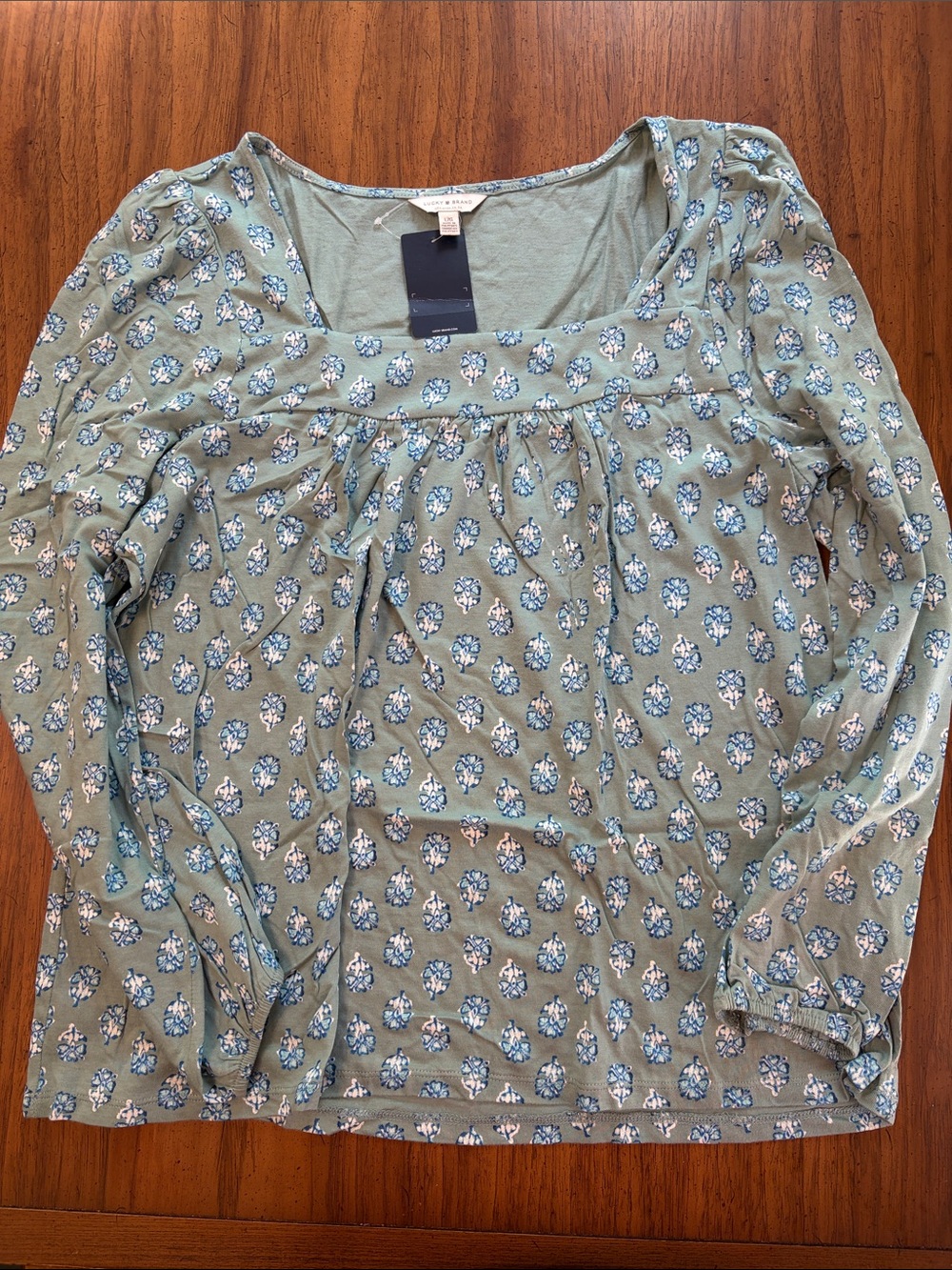 Lucky Brand Sage Green Long Sleeve Scoop Neck Floral Top